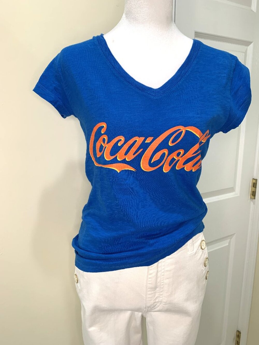 Women Coca Cola T-shirt Blue Short Sleeves V-Neck 100% Cotton Size XS